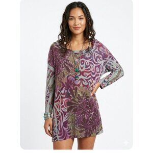 Avenue Creativi Tee Purple Floral Print Tunic Top 30 32W Lightweight Gypsy Artsy